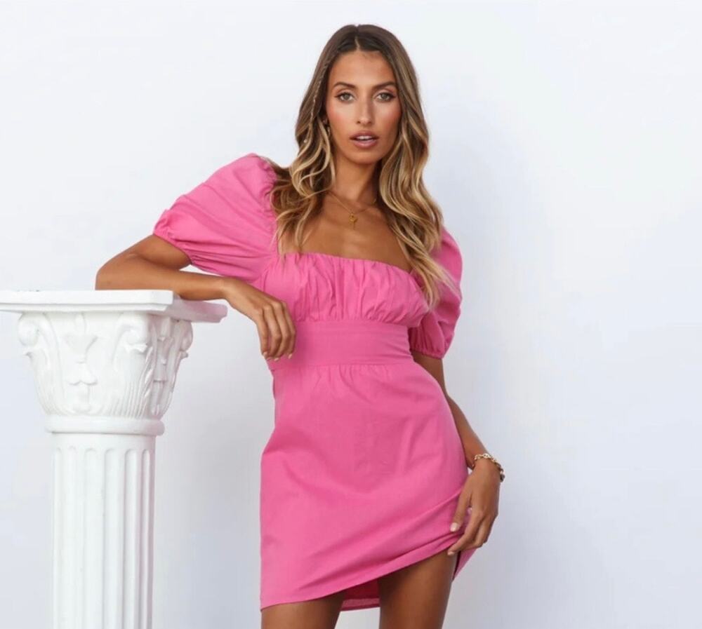 Hello Molly NWT Pink Cotton Puff Sleeve Babydoll Mini Dress Size S